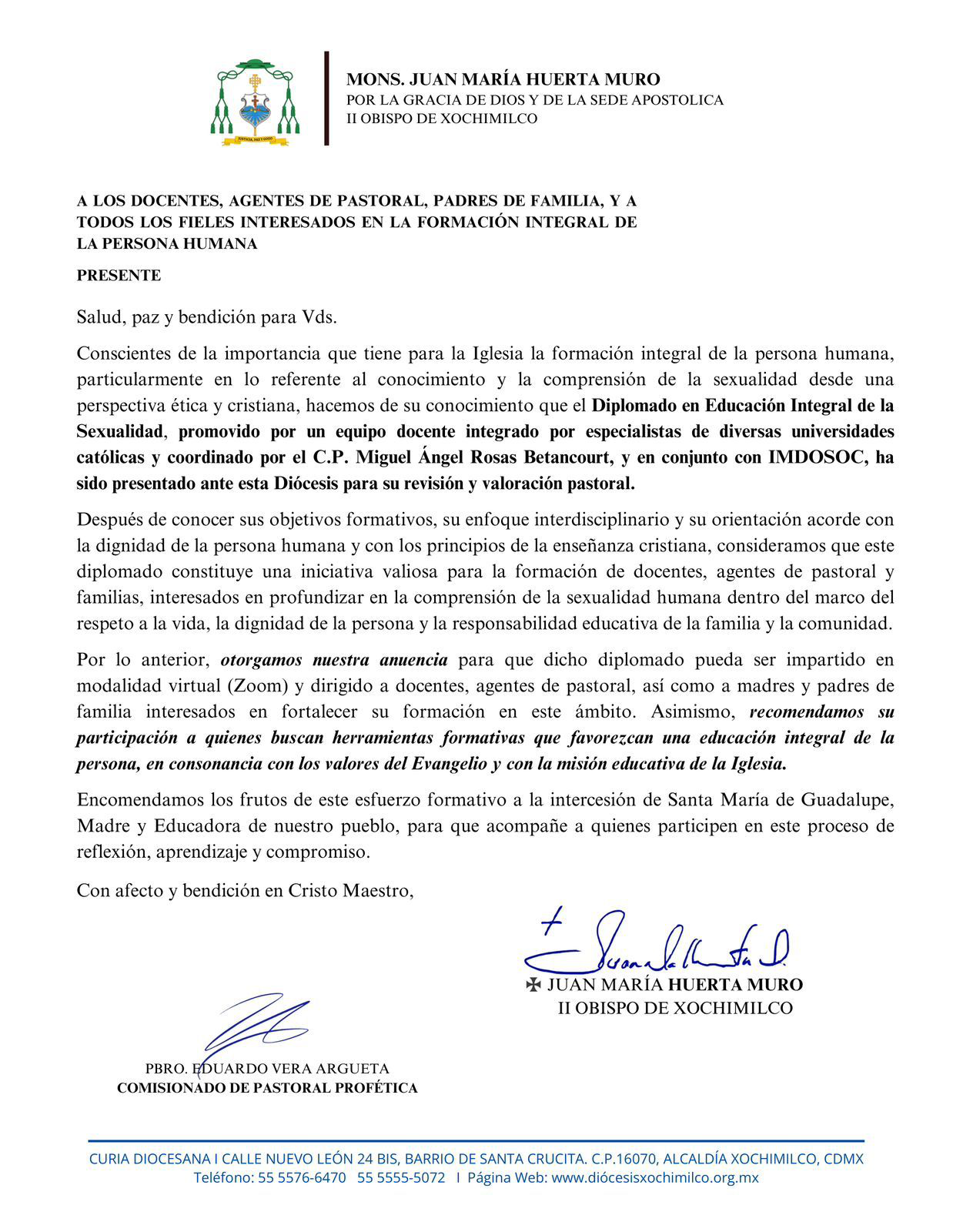 Carta firmada por el Obispo de la Diócesis de Xochimilco